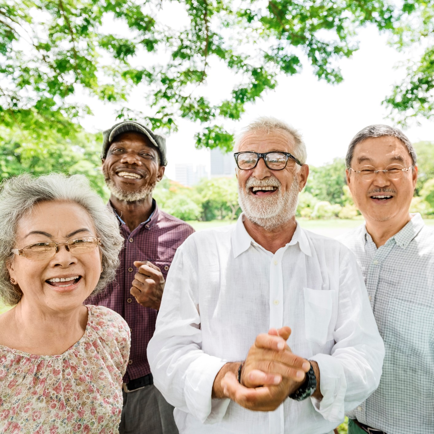 Smiling friend group of elderly adults.
