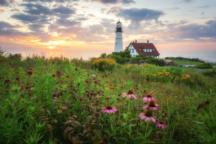 Beautiful Portland Head lighthouse at Cape Elizabeth in Maine at sunrise.